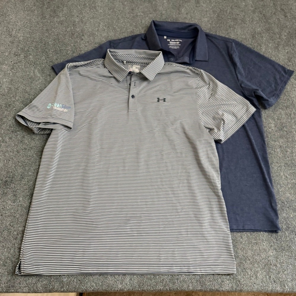 Under Armour Playoff Polo Shirt Lot of 2 Mens XXL Navy Grey Striped Golf Tops